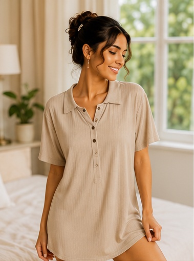 Women’s Beige Button Front Short Sleeve Sleep T-Shirt Nightwear